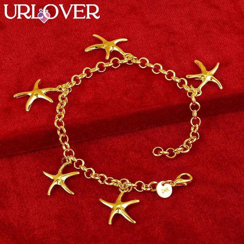 

URLOVER 18K Gold Starfish/Stars Bracelet For Woman Fashion Jewelry Hand Chain Engagement Bangles Wedding Party Birthday Gifts