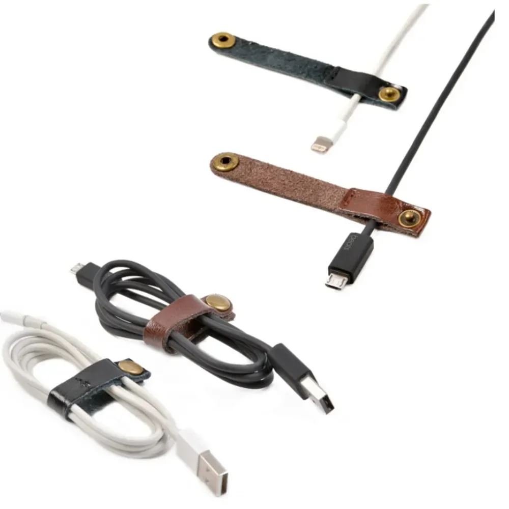 Enrollador de cables de cuero marrón, Cable envuelto, línea de datos, Clip para auriculares, organizador de cargador, gestión de cables, accesorio de escritorio, 2 uds.