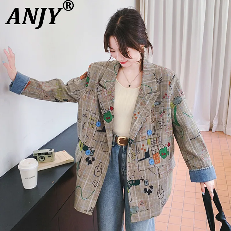 

ANJY Spring Autumn New Women Tide Stylish Plaid Loose Casual Graffiti Print Blazer Elegant Fashion Niche Design Suit-Coat A21376