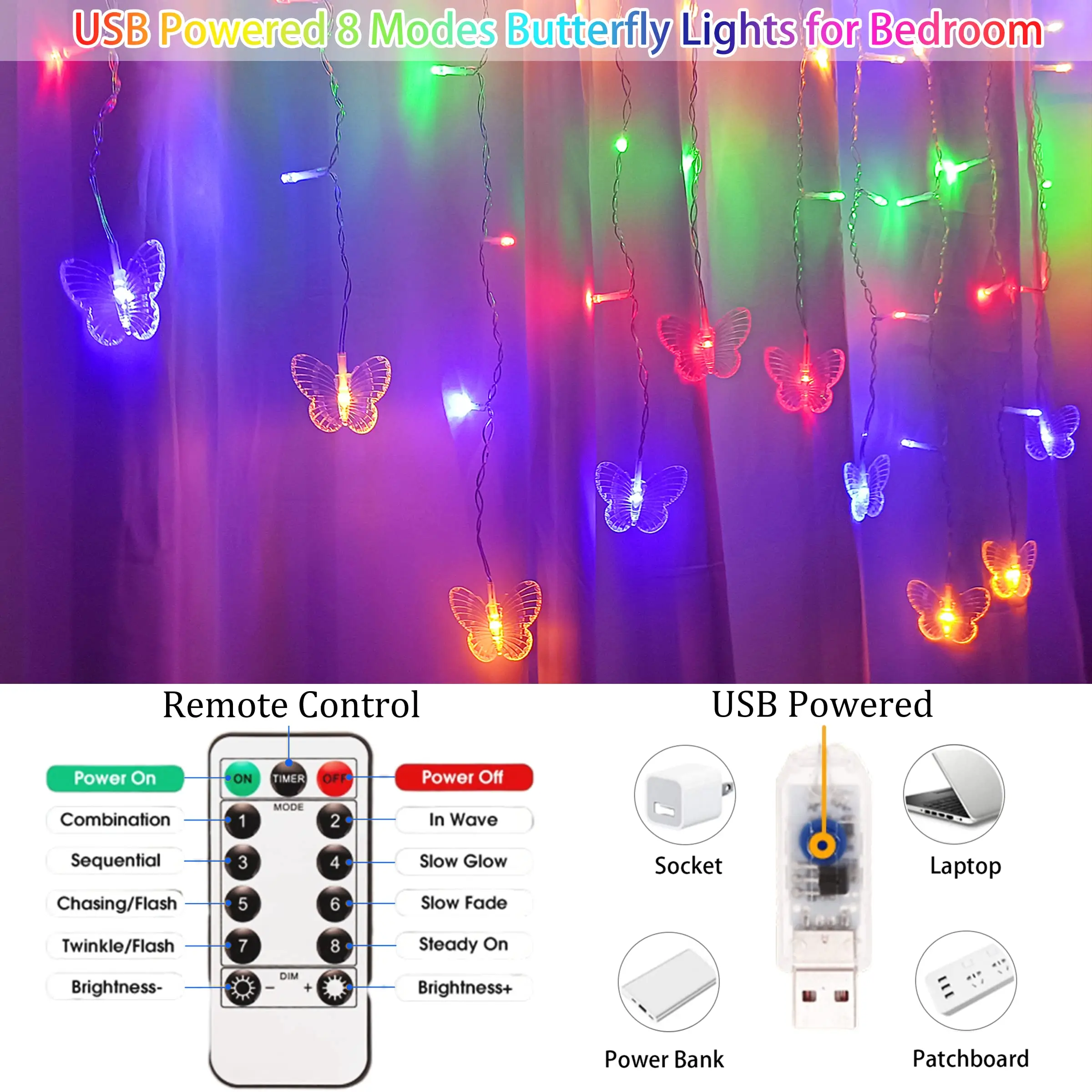 3.5M Butterfly Fairy Lights USB Icicle String Lights Remote 8 Modes Curtain Garland Light for Christmas Party Room Decor Gift