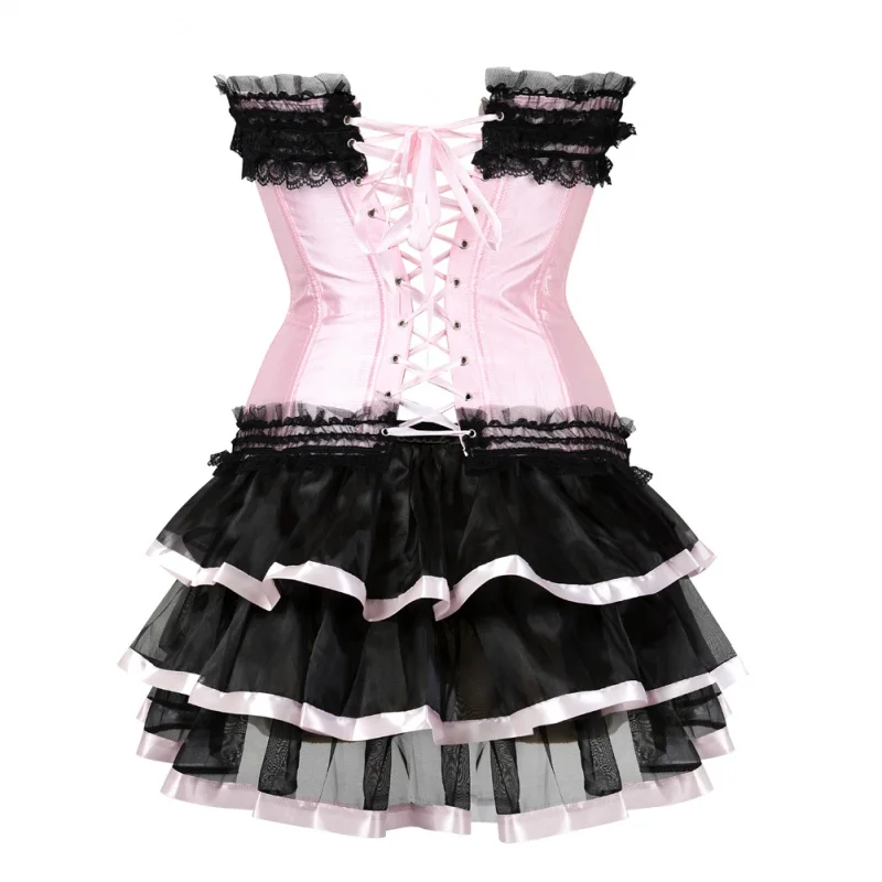 Sexy Corsets for Women Plus Size Black Mesh and Lace Bows Burlesque Corset and Skirt Set Tutu Corselet Victorian Fashion Gowns