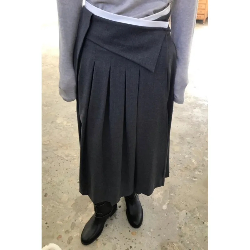 

Adjustable Belted Geometric Sa Midi Skirt Spring 2026 Versatile Sli Plaid Skirt High Waist A-Line Gown for Young Women