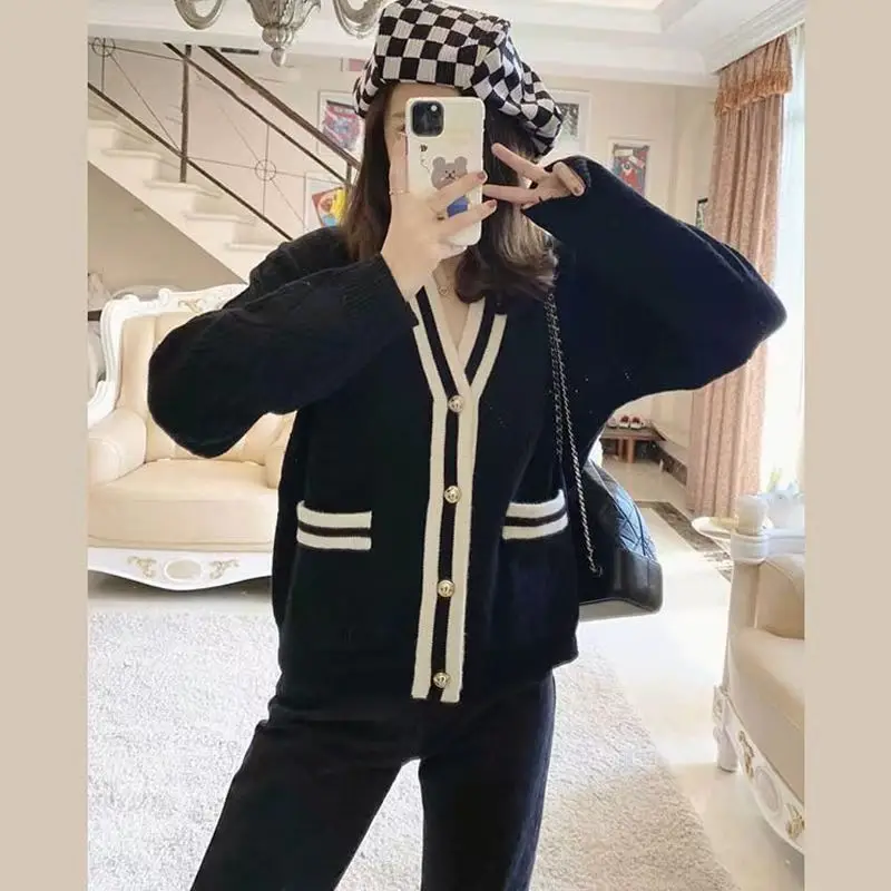 Зимний женский свитер, вязаный кардиган, свитер оверсайз для девочек, женский корейский пуловер, топы с длинным рукавом и v-образным вырезом, винтажные топы Y2k, новинка