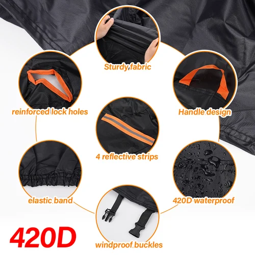 Imagen 2 del producto Cubiertas gruesas para motocicleta 3XL, 420D, diseño negro, impermeables, para motores, polvo, lluvia, nieve, cubierta protectora UV para interiores y exteriores XXXXL