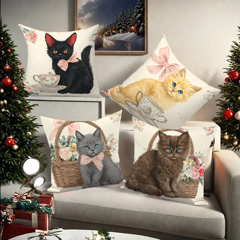 Cottagecore Style Pillow Covers, Cute Floral Kitten with Pink Bow Print Cushion Cases, Cozy Home Decor for Bedroom Living Room