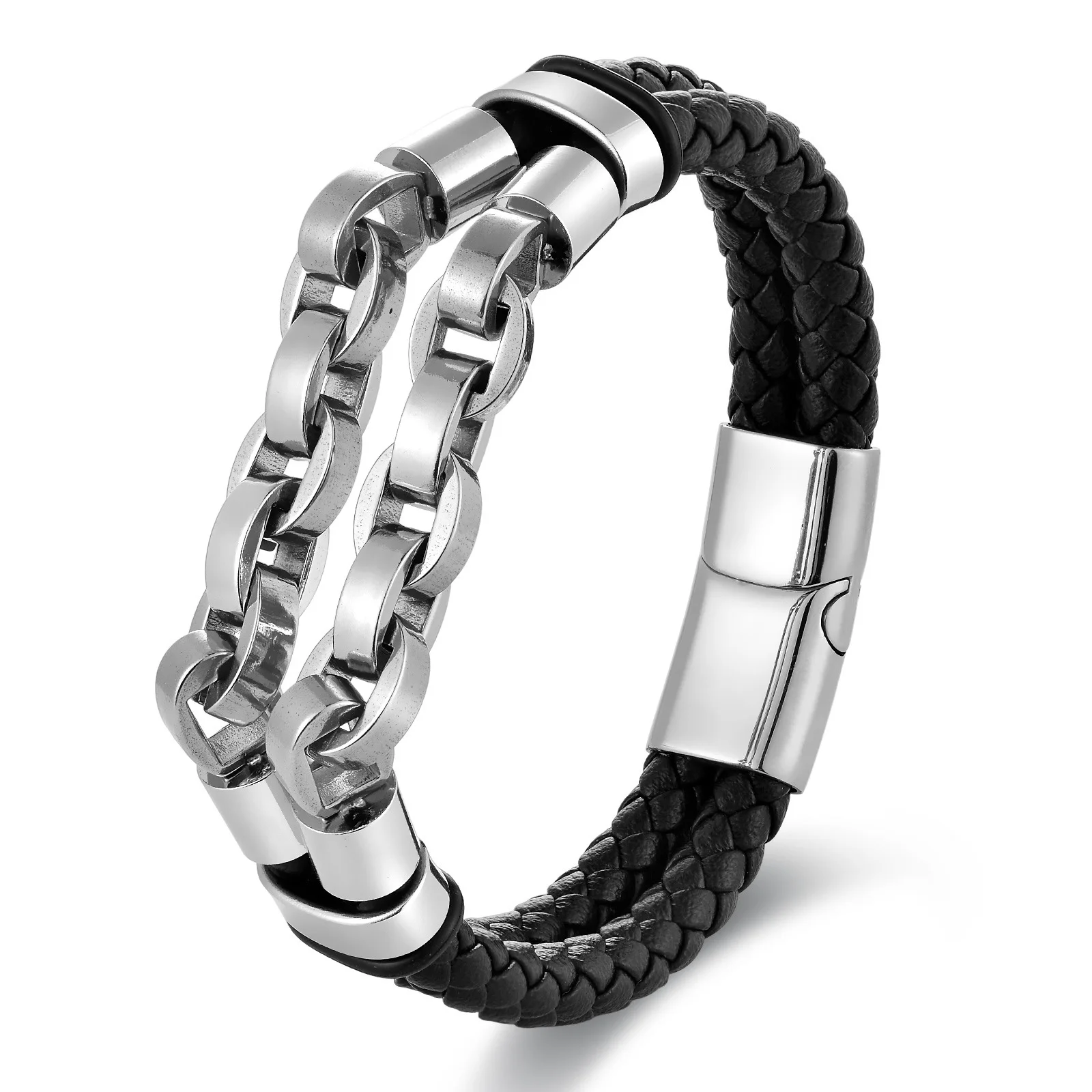 Stainless Steel Train Chain Adjustable Design Men's Genuine Leather Braided Bracelet Handmade Multi-Layer Leather Bangle