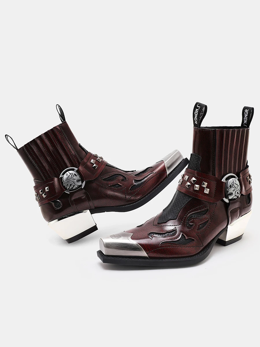 

2025 Cowhide Spanish Trendy Brand Chelsea Men's and Women's Skeleton Punk Flame Pattern Knight Short Boots