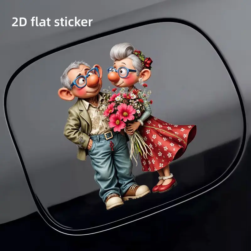 1Pc Cartoon Old Couple Holding Flowers Romantic Fuel Cap Sticker for Car Decal Decor