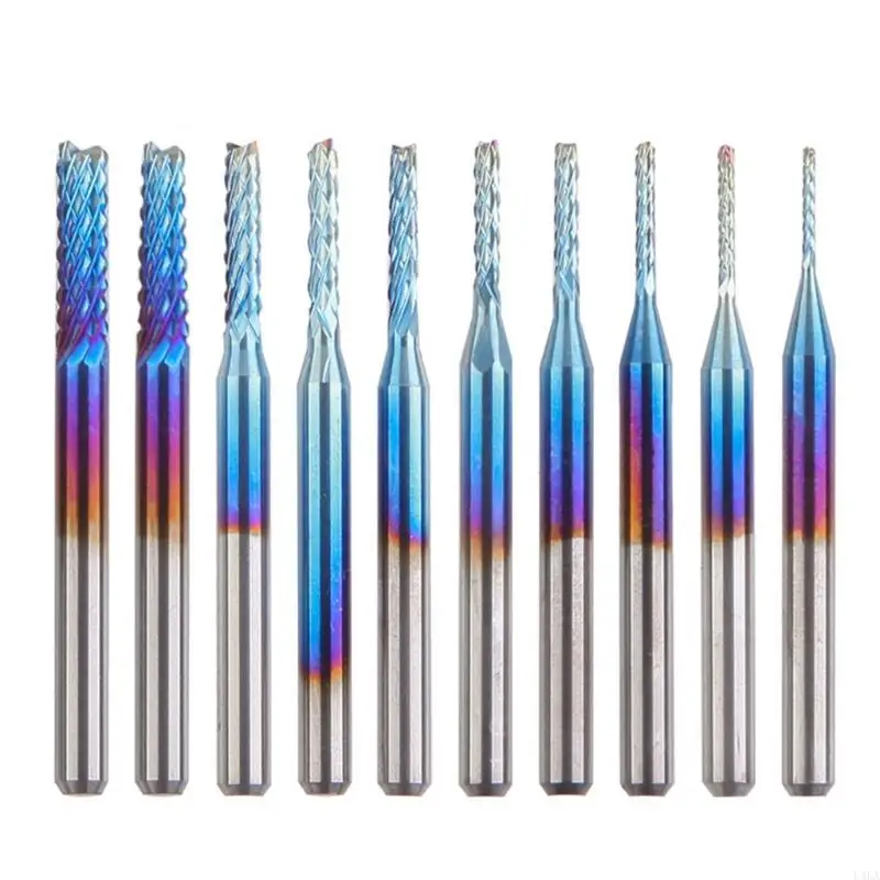 U4LA 10 Pcs End Mills Set Blue Coating Engraving Cutter for Wood Plastics Cutting