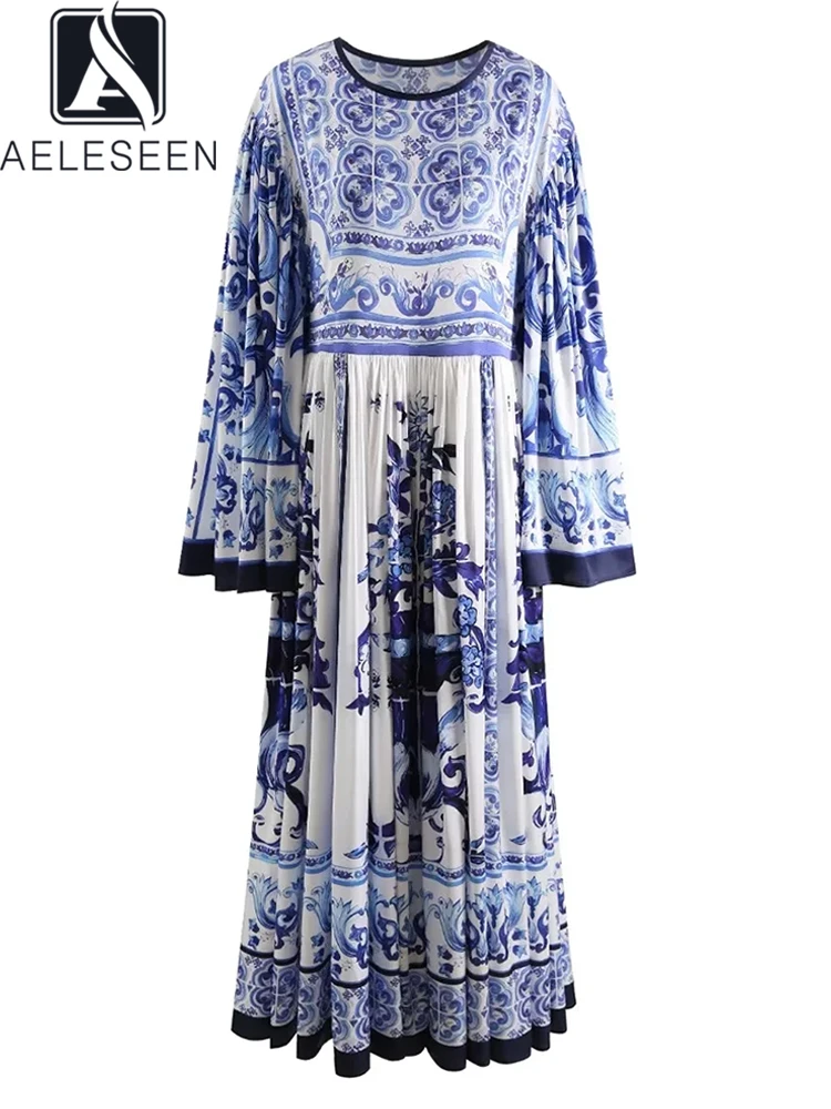 

AELESEEN Sicilian Porcelian Dress Women Flare Sleeve Design Fashion Blue Flower Print Elegant Maxi Party Holiday Chiffon