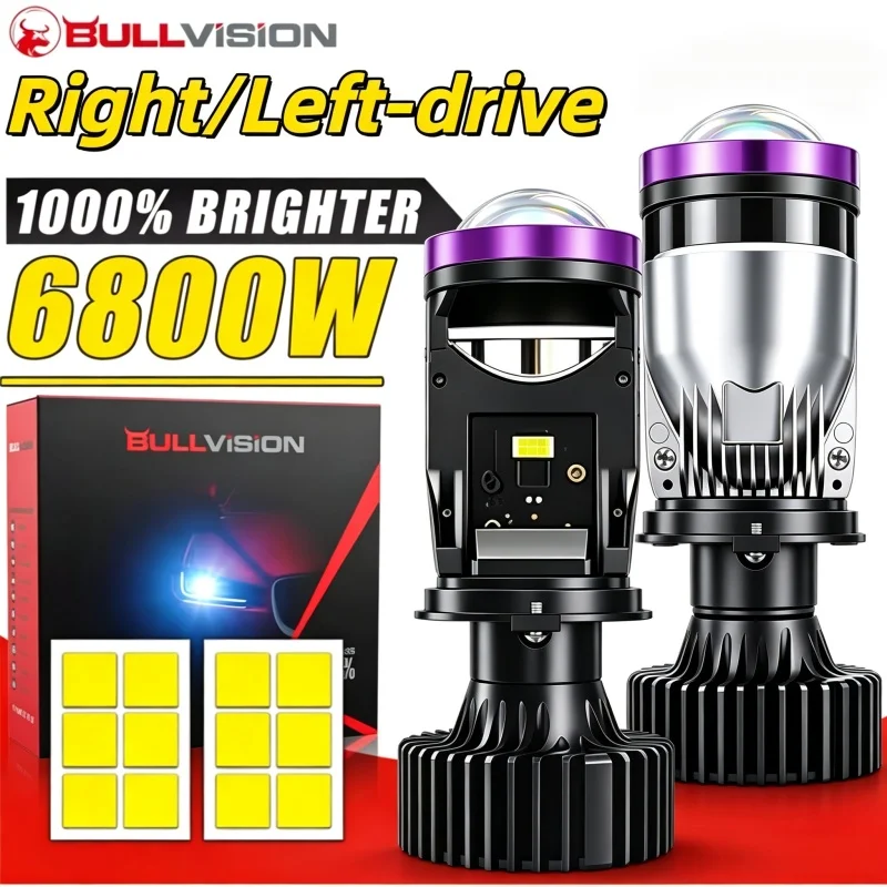Bullvision 2pcs H4 LED Projector Lens Auto LED Headlight Bulbs Kit Conversion High Beam Low Beam 120W Turbo Fan Car Light Lamp