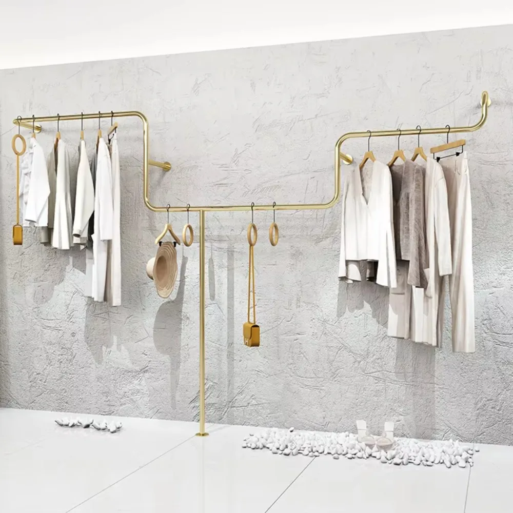Wholesale Stainless Steel Shiny Gold Boutique Clothing Wall Mounted Racks for Washable