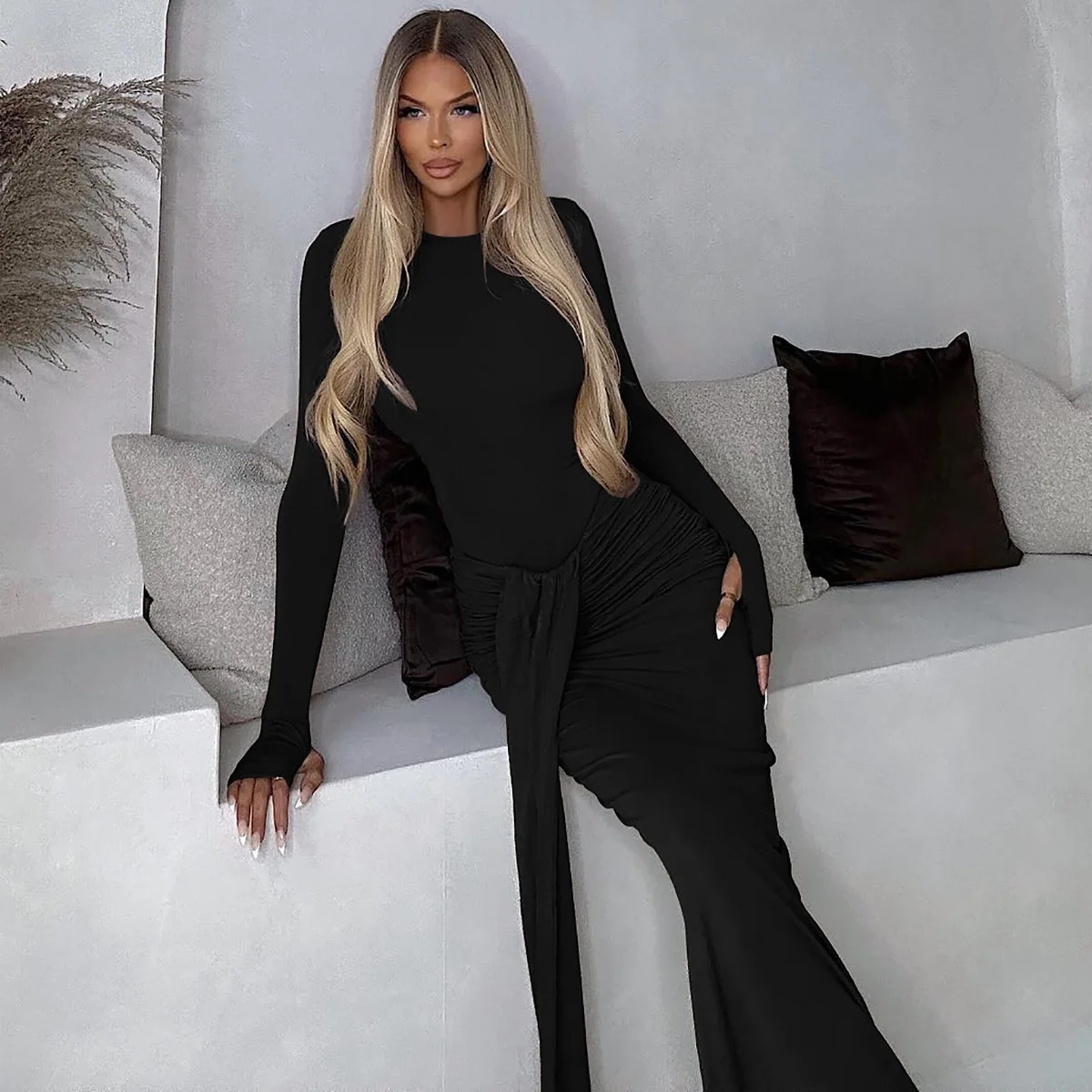 Autumn Winter Maxi Dress for Women Elegant Long Sleeve Slim Evening Party Dresses Fashion Ruched Birthday Christmas Outfits 2024