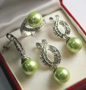 

@@@@@ 1Set AAA 12mm Green Shell Pearl Pendant Necklace Earrings Ring Set