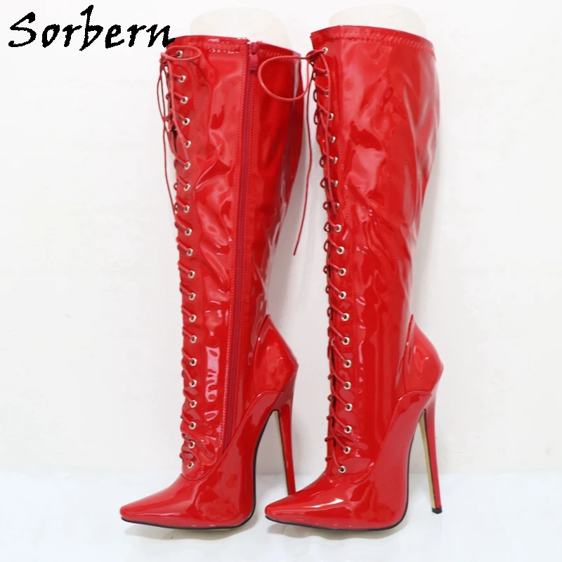 Sorbern Red Patent Lace Up Knee High Boots Women 18Cm High Steep Fetish Shoes Personalized Wide Fit Calf Boots Unisex