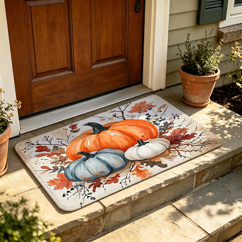 1PC Autumn Watercolor Pumpkin Maple Leaf Entrance Door Mat Flannel Silicone Round Dot Anti Slip Floor Rug Stylish Decor Entry