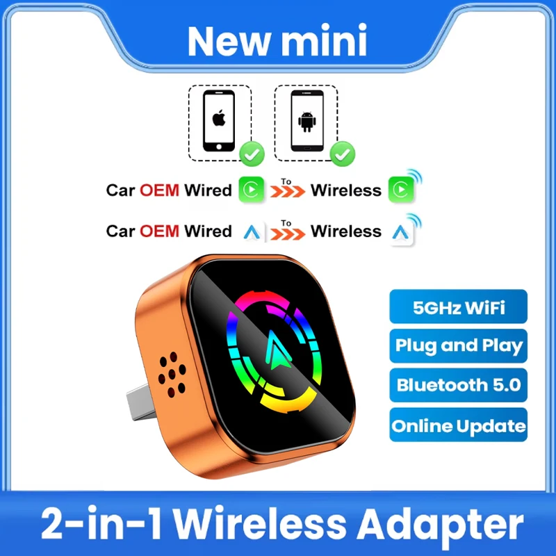 

2026 NEW 2 in 1 Wireless CarPlay Adapter&Android Auto Wireless Adapter, 5Ghz WiFi Type-C/USB Plug Play CarPlay Wireless