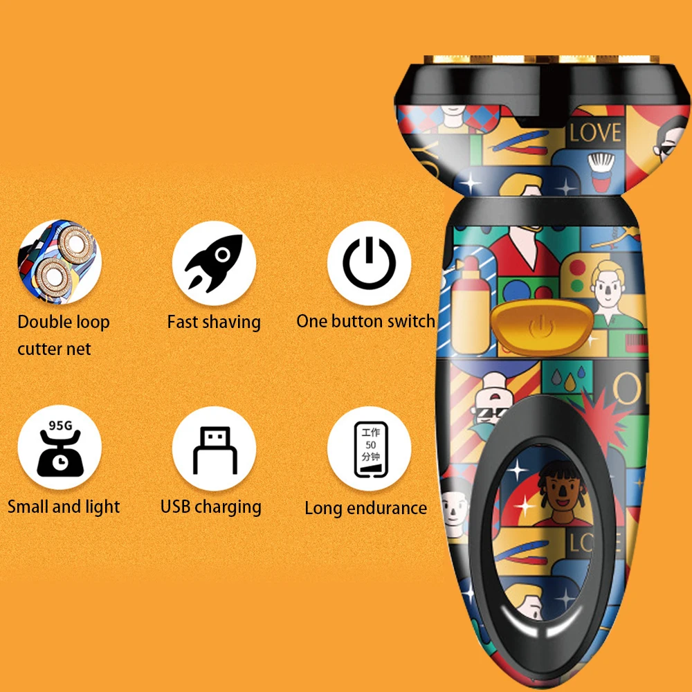 Kemei KM-RS503 Graffiti Mini Electric Shaver Double-Head Beard Razor Printing Usb Charging Men Washable Rechargeable Trimmer