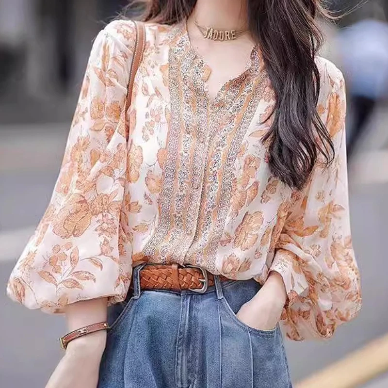 

Blouses Women Shirt Full Sleeve Tops Print Floral Casual Y2k Streetwear Elegant Splice High Waist Work Slim Beach Summer 2025