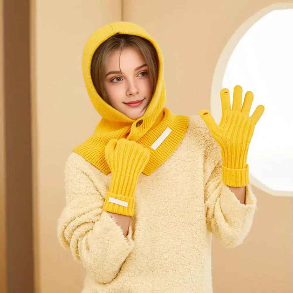 Touch Screen Gloves Women's Winter Hat Gloves Set with Integrated Scarf Balaclava Knitted Solid Color Button Closure for Cycling