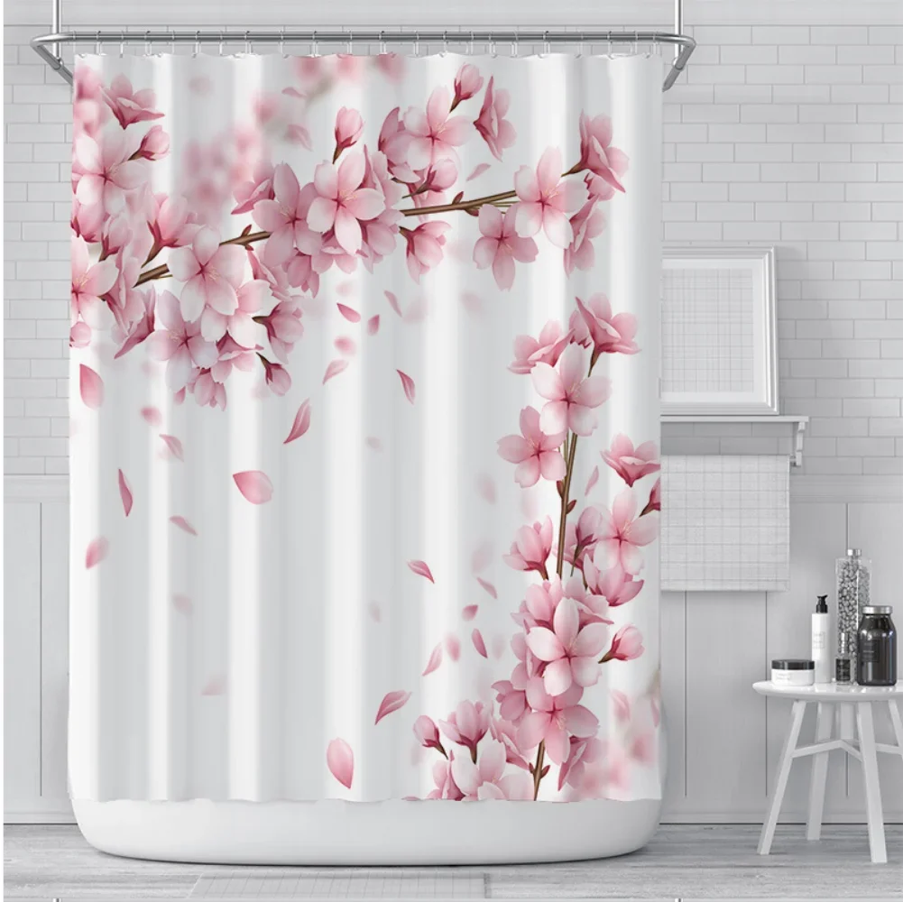 

unframed Pink Cherry Blossom Peach Blossoms Shower Curtain Set Flowers White Background Girl Bathroom Polyester Cloth Screen 12
