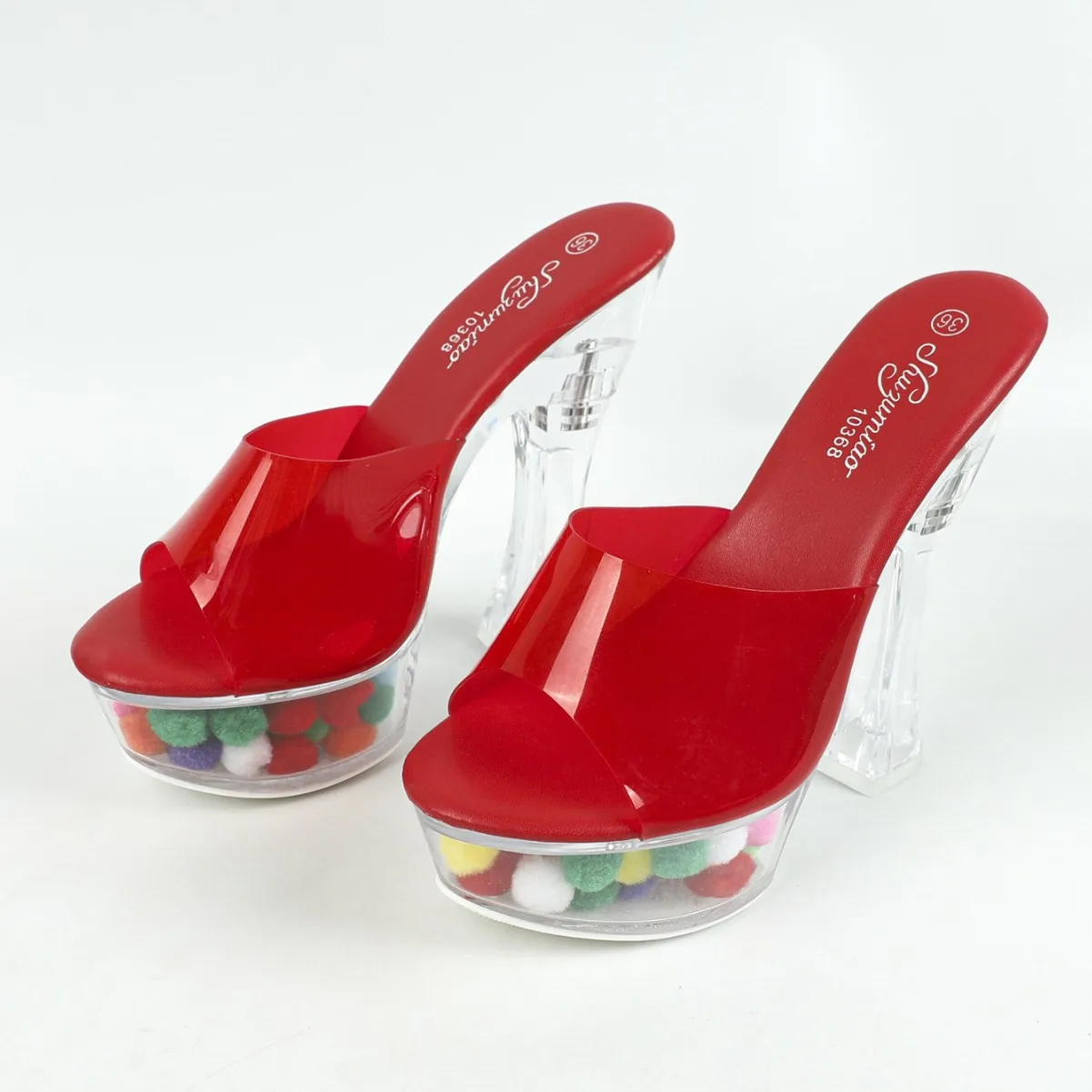 شفافة فائقة الارتفاع مع كعب سميك 14 سنتيمتر الصيف المرأة مقاوم للماء عربة نموذج مثير النعال مصمم صندل