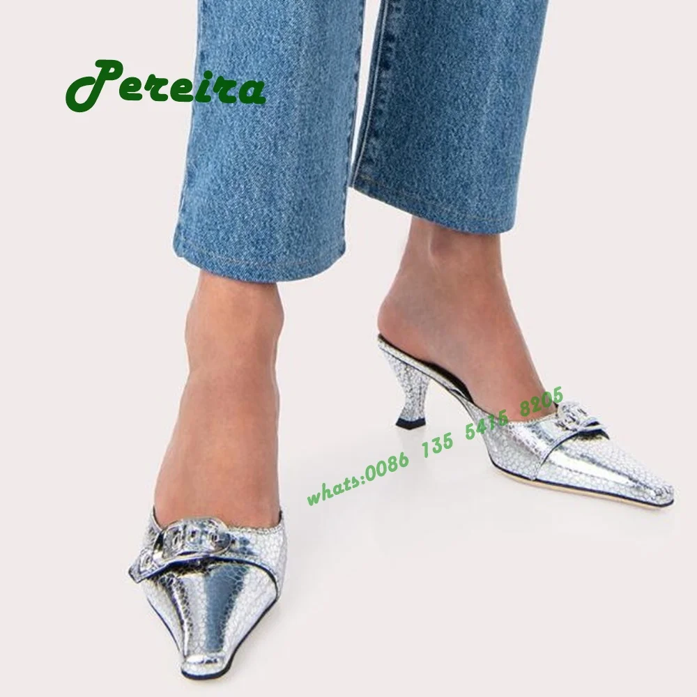 

Slim Heel Pointy Toe Snake Pattern Summer Slippers Belt Buckle Muller Shoes Silver Kitten Heels Slip On Women's Slippers Luxury