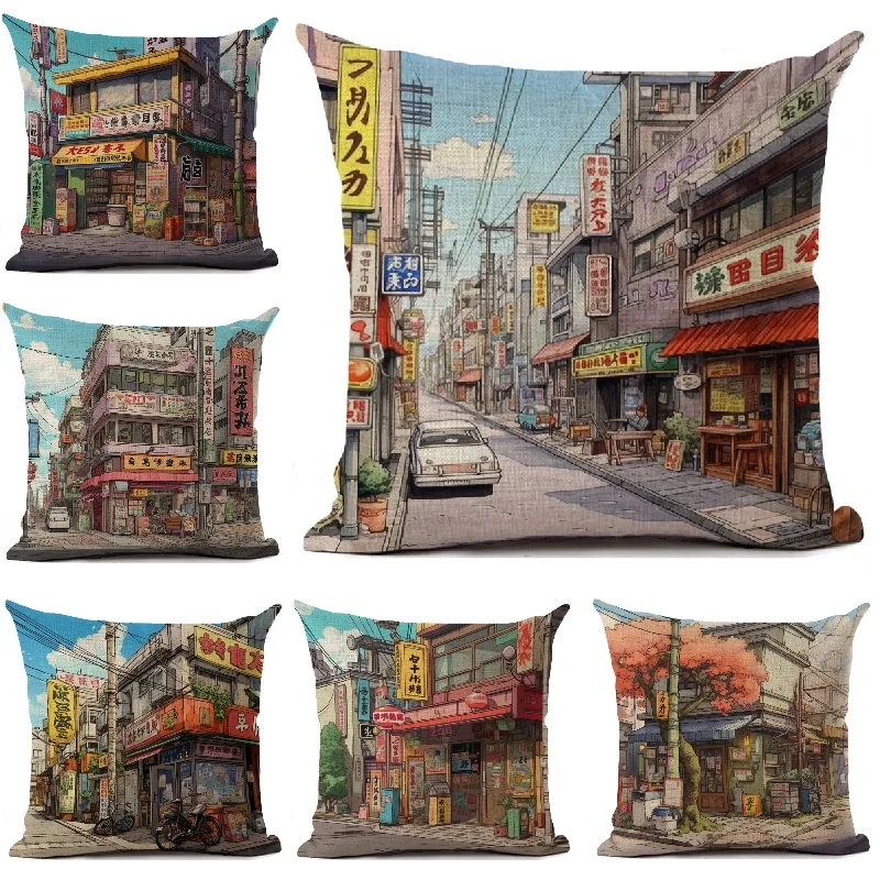 Cartoon Street Corner Linen Cushion Cover Japan Architecture Style Home Decoration Living Room Sofa Throw Pillows Case 45x45cm