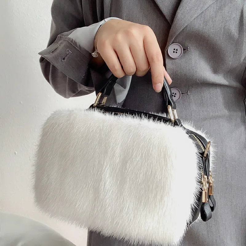 Mink Fur Bag Women Winter Whole Leather Small Square Bag Women Shoulder Bags Ladies Bag Purses And Handbags Crossbody Furry Bag