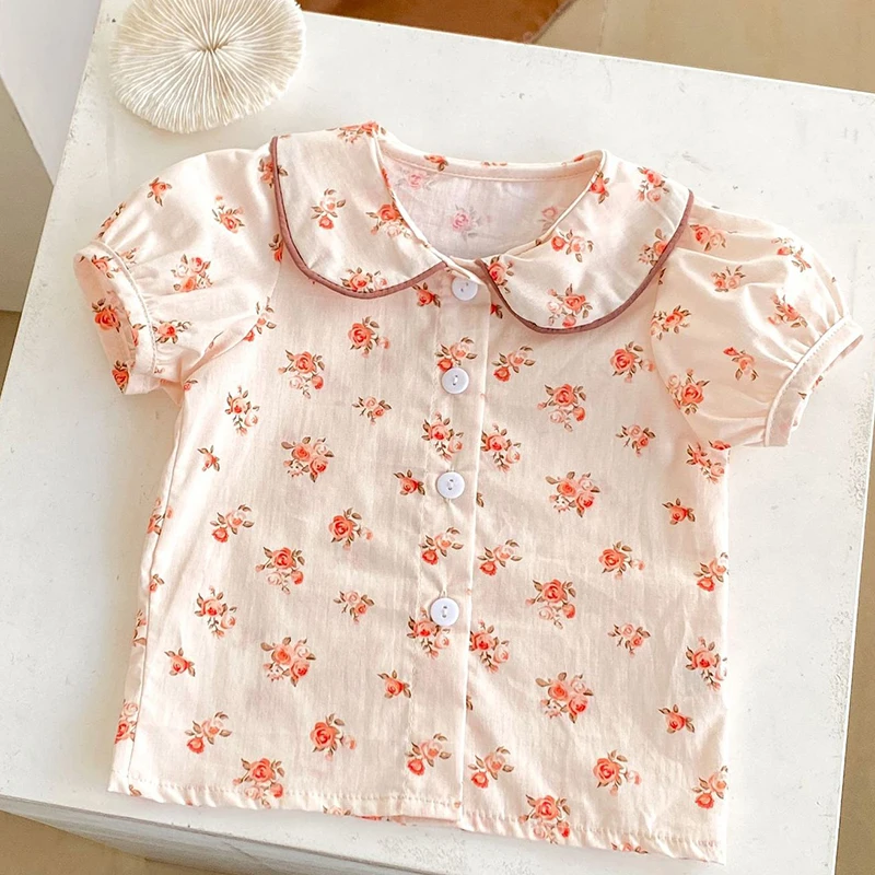 Girls Pure Cotton Clothing Set 2024 Summer Girl Baby Doll Neck Floral Printed Short Sleeved Top + Lace Shorts Two Piece Suit