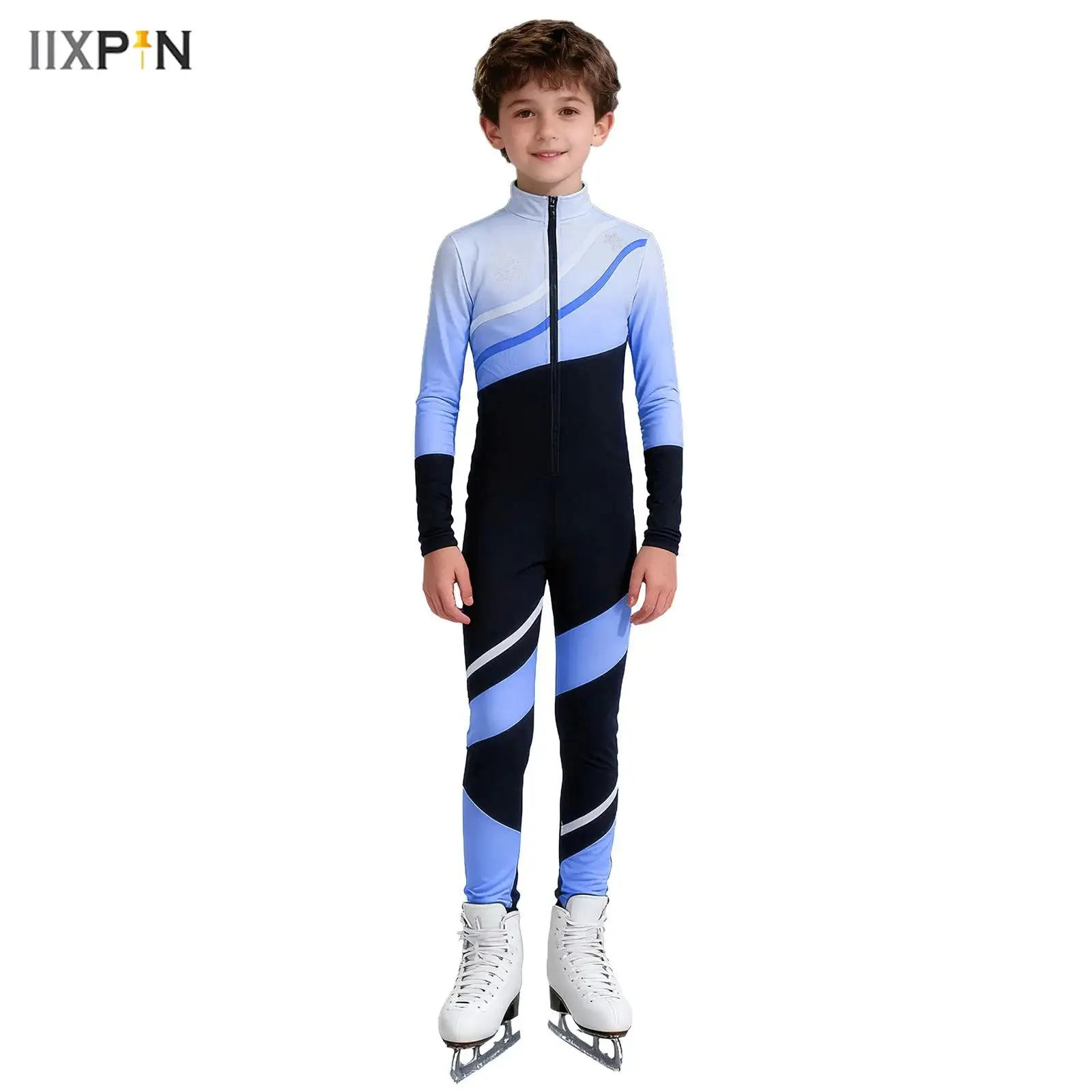 Crianças meninos meninas patinação artística macacão gola manga longa brilhante strass floco de neve cor bloco zíper bodysuit macacão