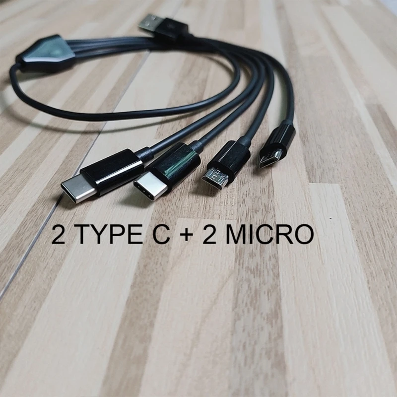 4-Way USB Charging Cable, Portable 1 in 4 Out Multi-port Charge Cord USB to 2x Type-C+2x Micro Power Extension Wire Line K1KF