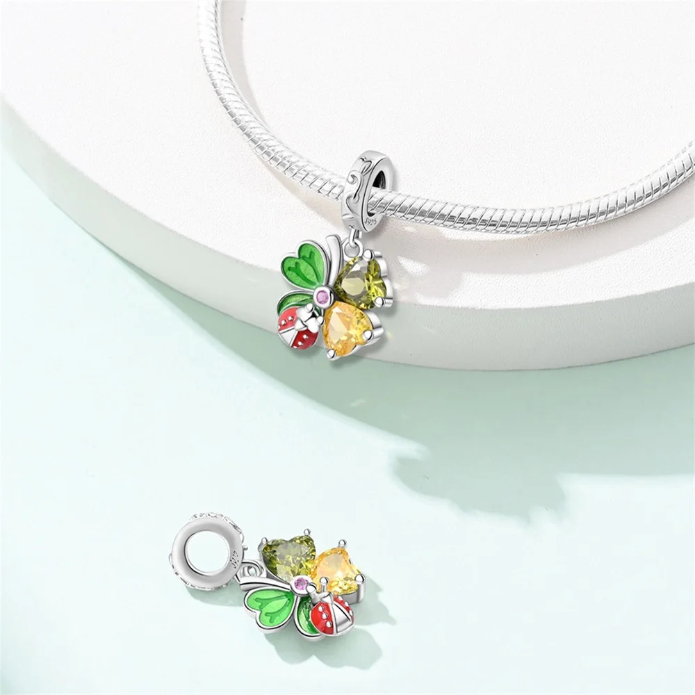 925 Sterling Silver Spring Breeze - Fresh Four Leaf Clover Zircon Charms Beads Dangle Fit Original Bracelet DIY Jewelry Gifts