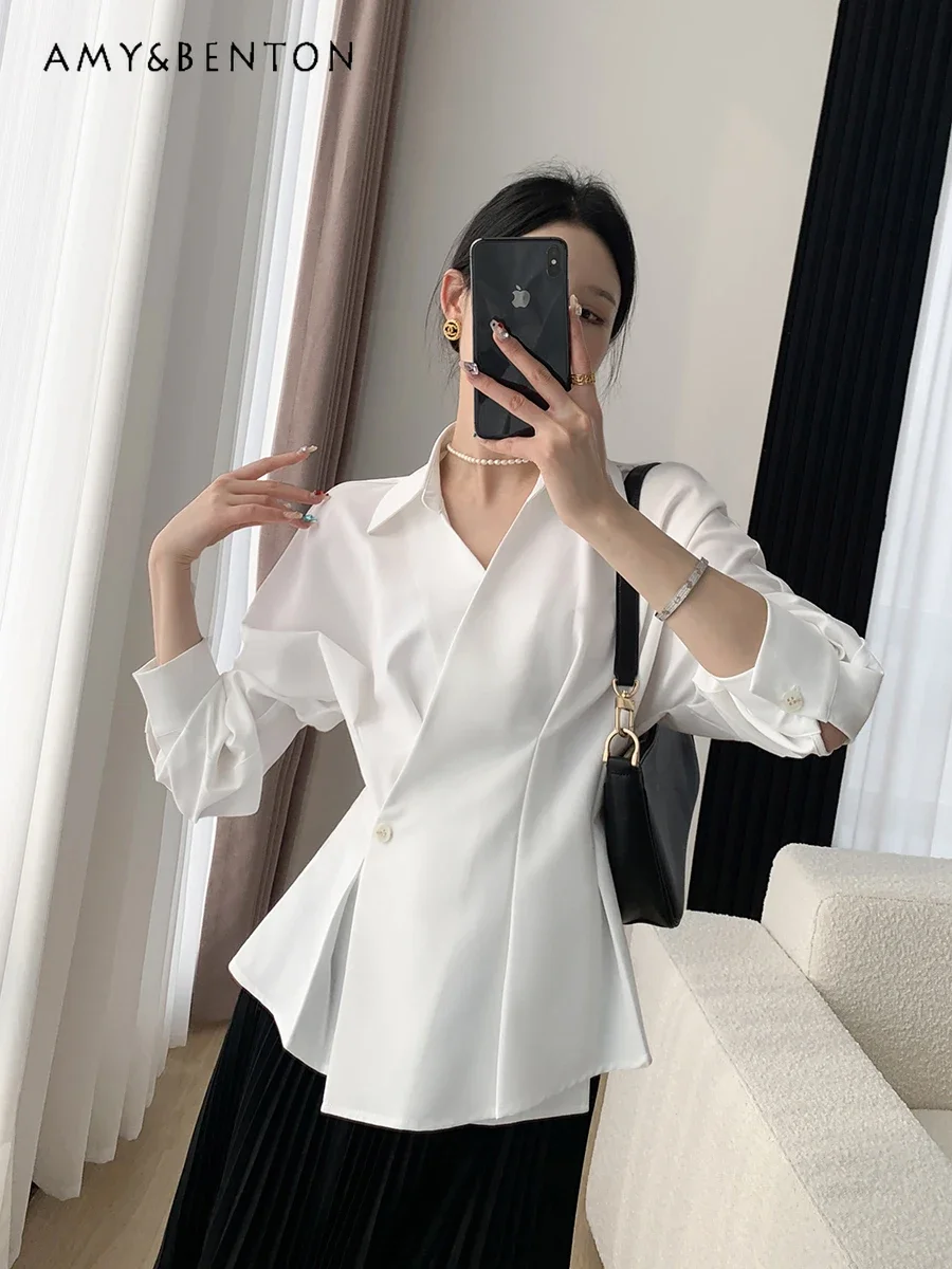 

Korean Fashion All-Match White Shirt Women Spring New High-Grade French Slim Irregular Long Sleeve Shirt Commute Style Camisas