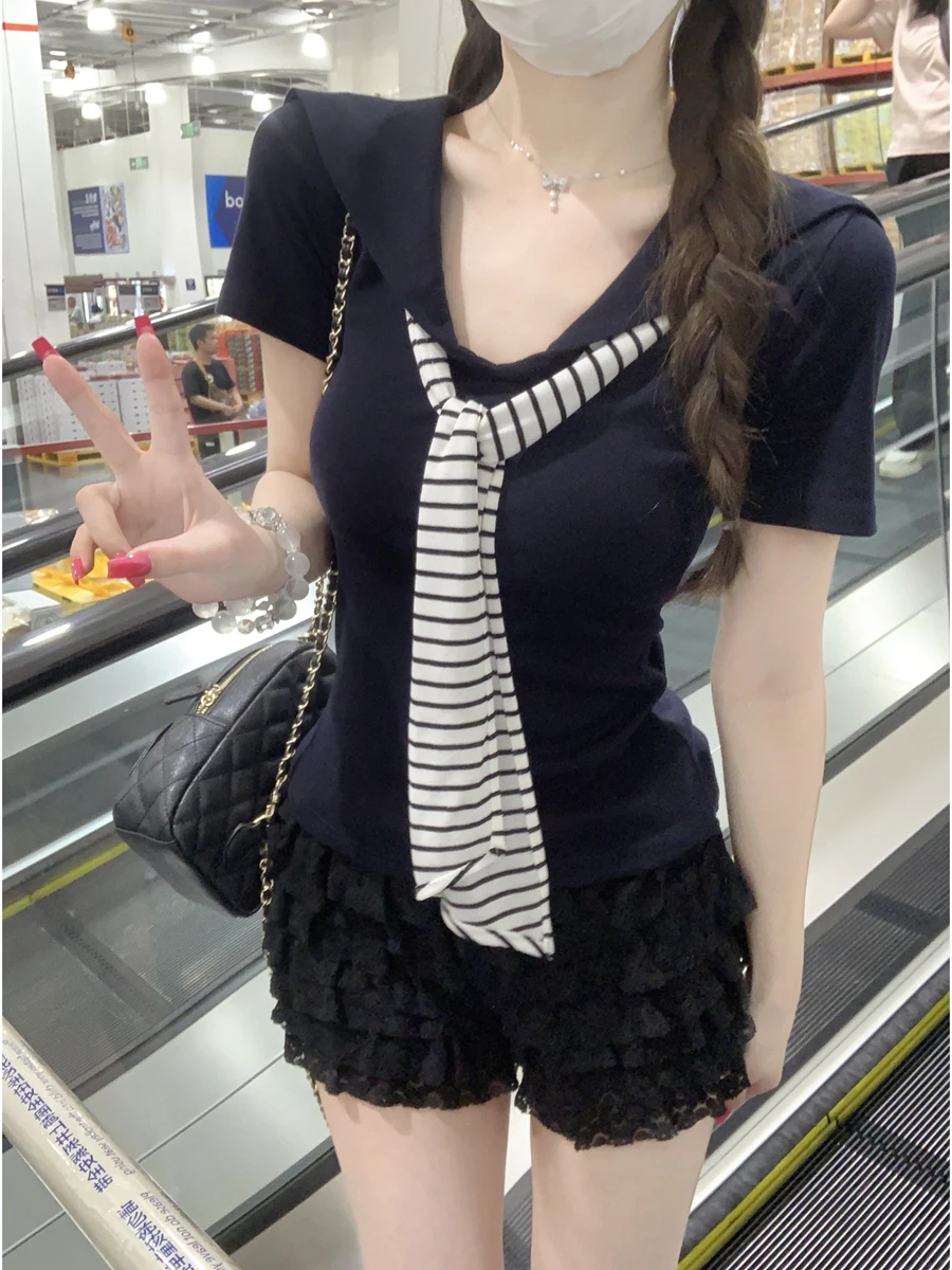 Spring Summer 2026 Korean Style College Wind Navy Collar Color Block Striped Shoulder Wrap V Neck Tied Short Sleeve Top Trendy