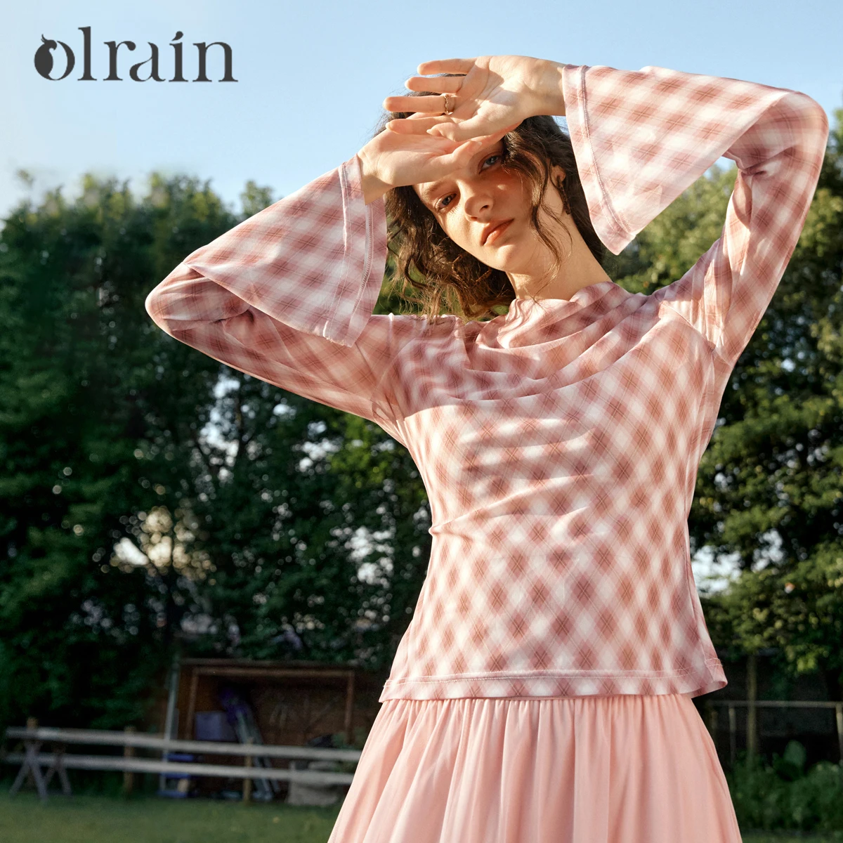 OLrain Women 2026 Spring T Shirt Pink Vintage Gentle Rhombus Plaid Flared Long Sleeve All Match Daily Commute Tops O58CT003500