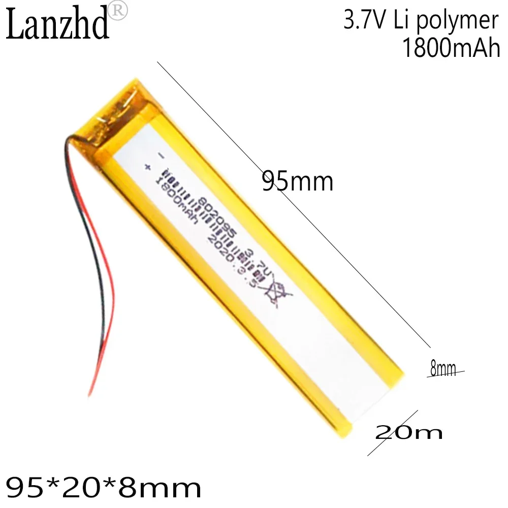 Bateria Recarregável de Lítio Polímero, Auricular Bluetooth Embutido, Instrumento de Beleza, Luz LED, 1800mAh, 3.7V, 802095