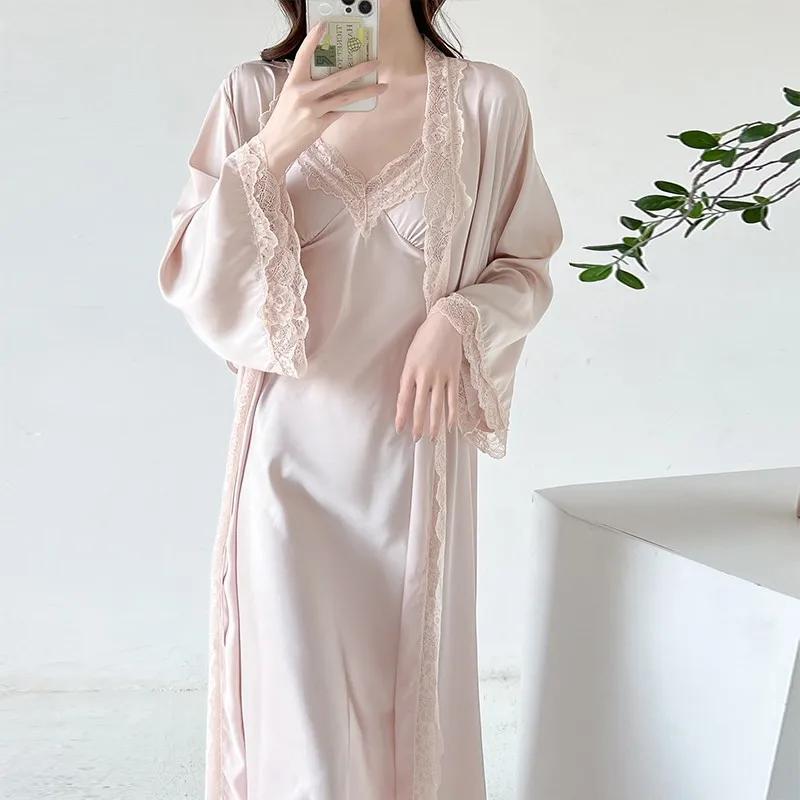 Summer Pajamas Women's Long Knee-length Sling Nightgown Two-piece French Court Style Retro Home Clothes Long Sleeves Robe Sets