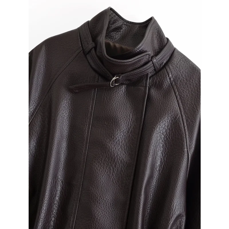 2026 Herbst Winter Damen Hochgeschlossene Kunstlederjacke Langarm mit Gürtel Vintage Streetwear Lässiger Damen-Oberbekleidungsmantel – Detail 14