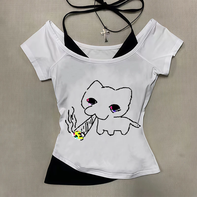 

Summer 2025 new Y2k slim fit printed top for women, off shoulder short sleeved T-shirt, retro long sleeved strap tied T-shirt