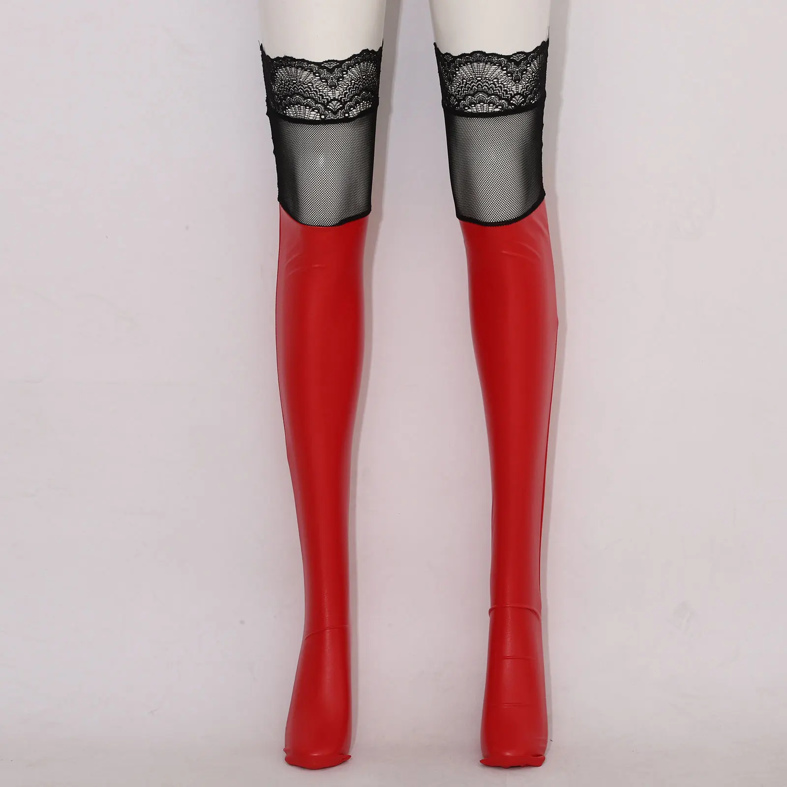 1 Pair Women PU Leather Thigh High Stockings See-through Lace Mesh Patchwork Long Socks Lover Cosplay Costume Prop Sexy Clubwear