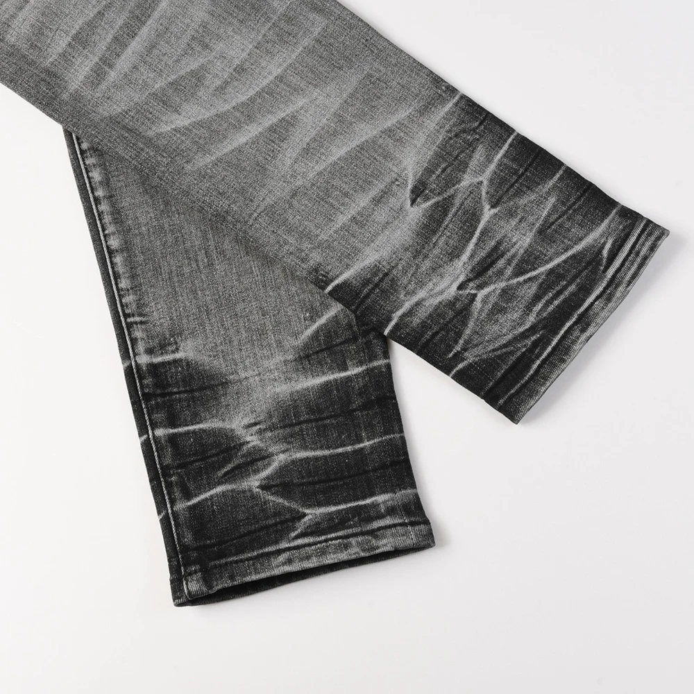 Men's Streetwear Skinny Jeans Pleated Flannel Patch Stretch Denim Pants Distressed Patchwork Tapered Trousers Gray Black view 5