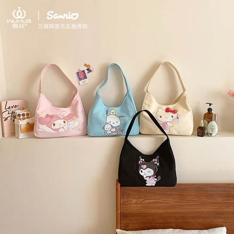 Sanrio Canvas Shoulder Bags Cartoon Hello Kitty Kuromi Melody Anime Figure High Capacity Crossbody Bag Women's Handbag Gifts