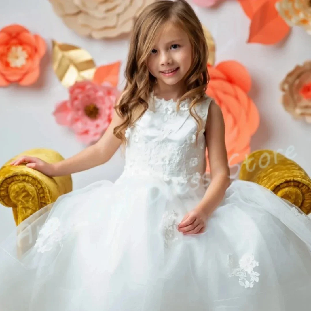 

Elegant Princess Flower Girl Dress For Wedding Sleeveless Appliques Tulle Kids First Communion Bridesmaid Ball Gown Customized