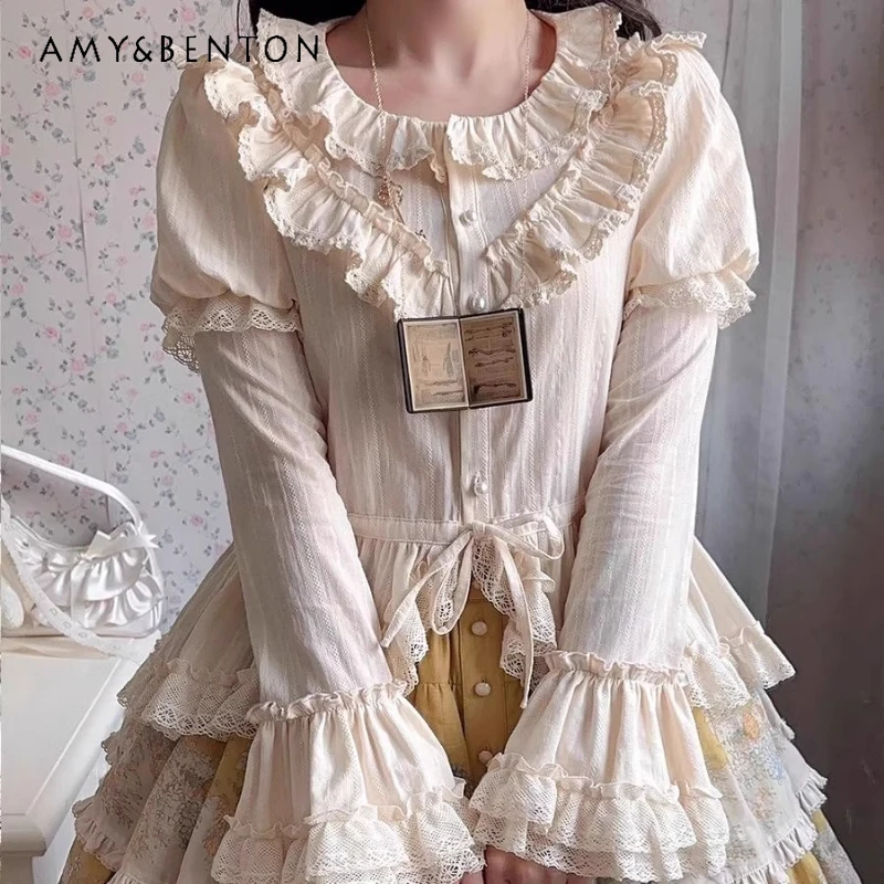 

Original Design Lolita Long Sleeve Bottoming Shirt 2025 Autumn Winter New Versatile Wearable Bell Sleeve Slimming Shirts Ladies