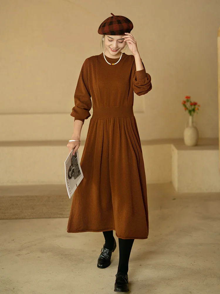 

Элегантное трикотажное платье Ele Slimming из 100% шерсти с 26-игольной вязкой, осенне-зимнее, с высокой талией, А-силуэт, однотонное, для повседневной носки