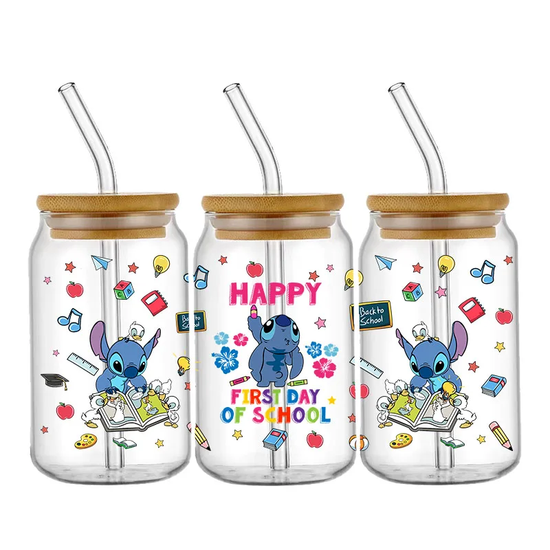 Disney Cartoon Back to School 16OZ UV DTF Cup Wraps Transfer Sticker For Glass Libbey Can Bottle Selfadhesive Washable Custom