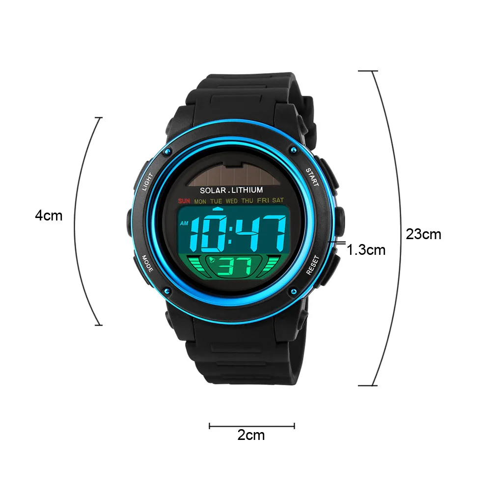 Solar Powered Digital Men Women Sports Watch Big Dial 5ATM Water-resistant Multi-function Unisex Wristwatch with Chronogra