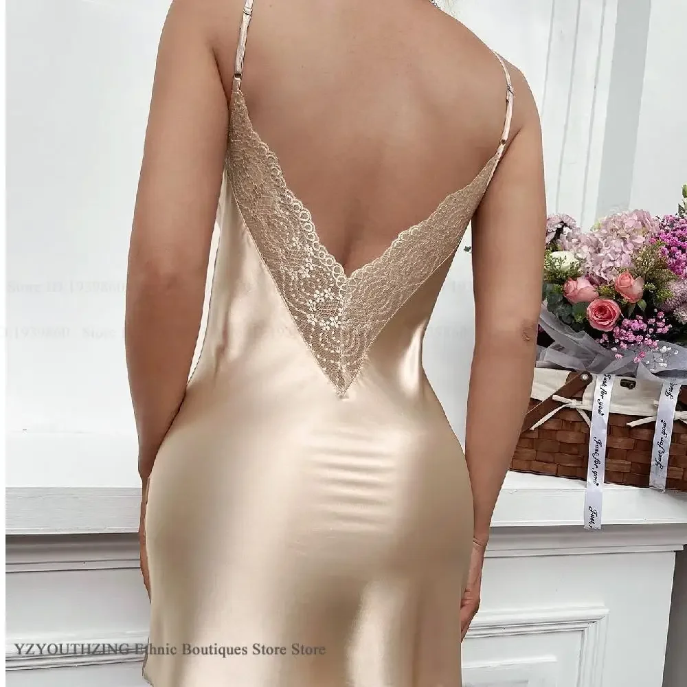

Women's Nightdress Sexy Backless Lace Nightgown Summer New Sleepwear Intimate Lingerie Negligee Silk Satin Female Homewear