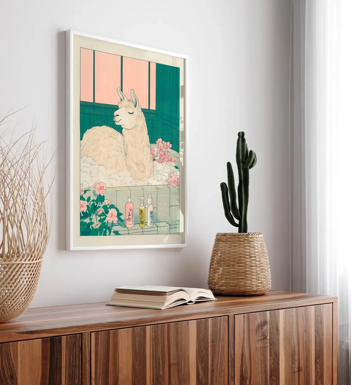 "Ukiyo-e Llama Bathtime Wall Print Decor - Japanese Woodblock Style Illustration of a Relaxed Llama in a Bubble Bath with Pink F view 3